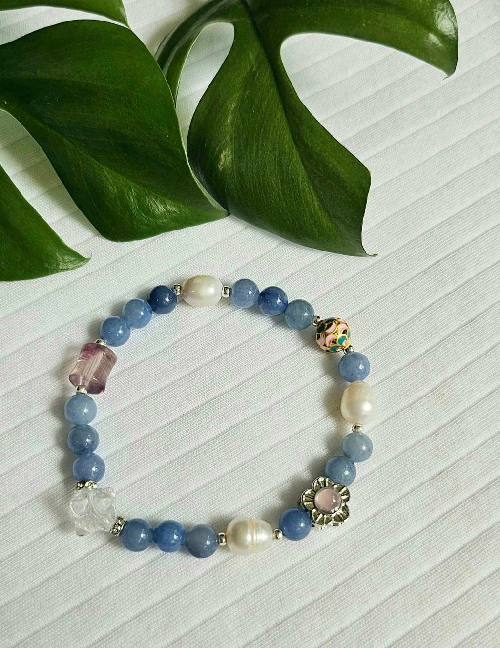 Merkaba Clear Quartz with Blue Aventurine, Purple Flourite, Freshwater Pearls and Rainbow Moonstone bracelet